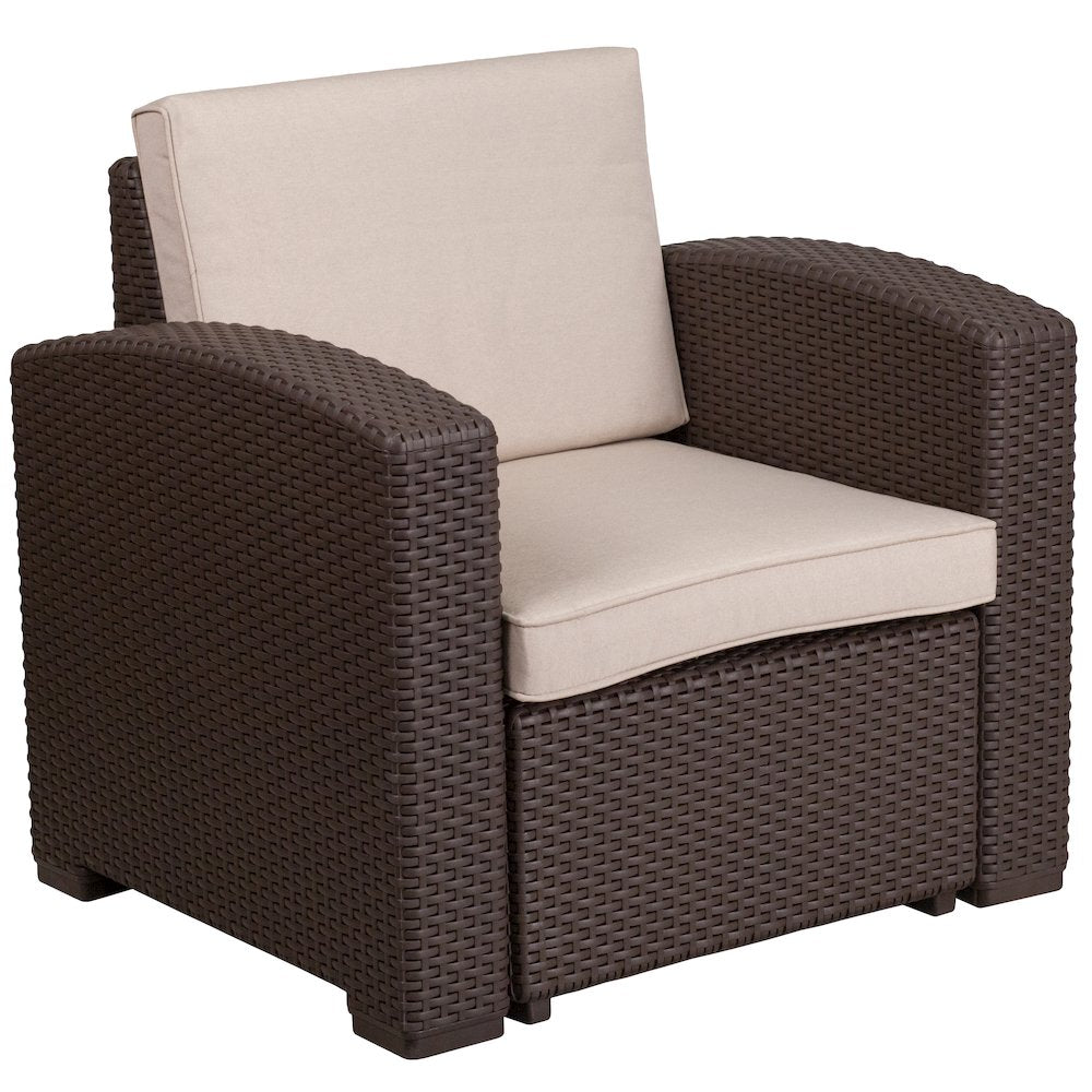 4 Piece Outdoor Faux Rattan Chair, Sofa and Table Set in Seneca Chocolate Brown