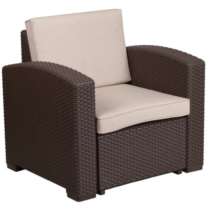 4 Piece Outdoor Faux Rattan Chair, Sofa and Table Set in Seneca Chocolate Brown