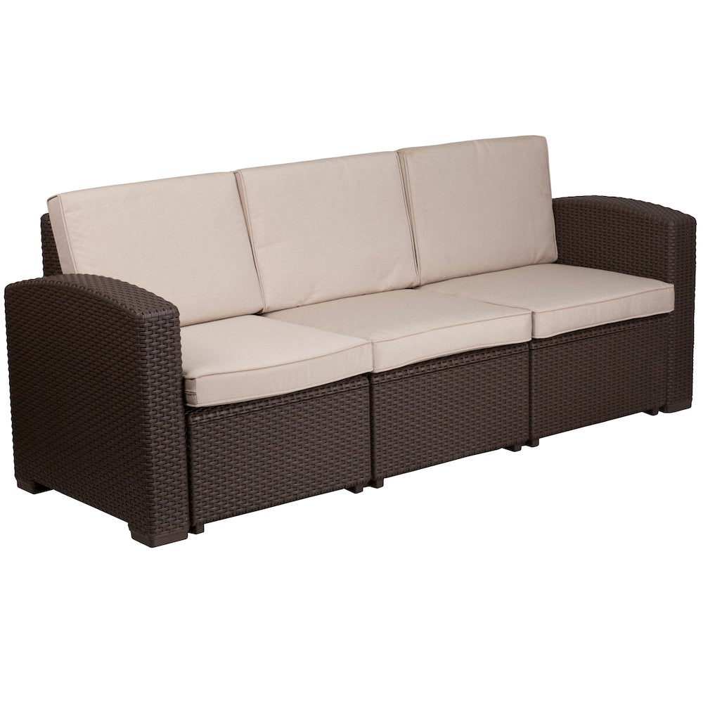 4 Piece Outdoor Faux Rattan Chair, Sofa and Table Set in Seneca Chocolate Brown