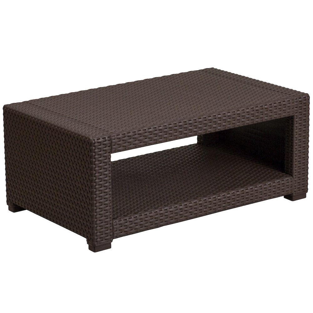 4 Piece Outdoor Faux Rattan Chair, Sofa and Table Set in Seneca Chocolate Brown