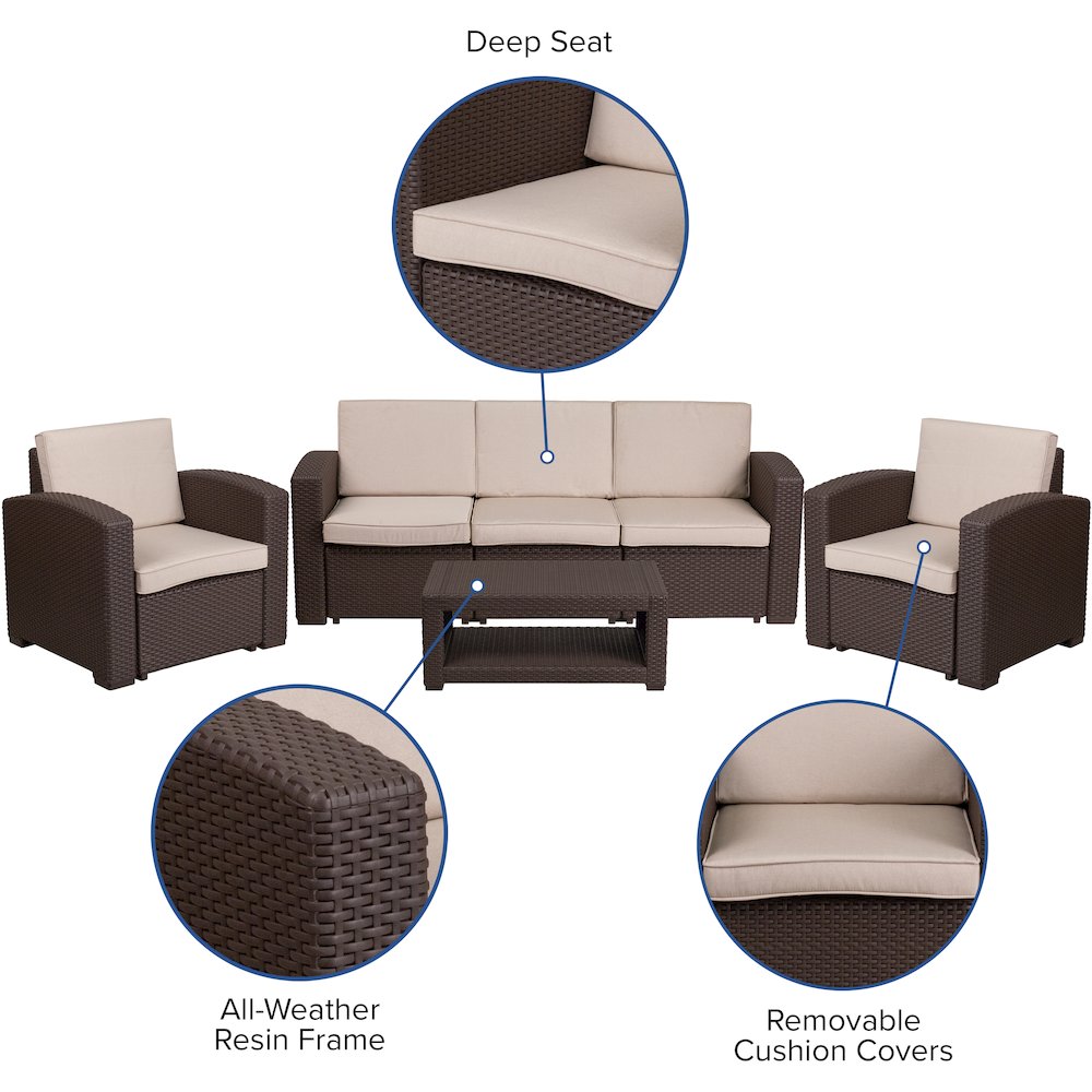 4 Piece Outdoor Faux Rattan Chair, Sofa and Table Set in Seneca Chocolate Brown