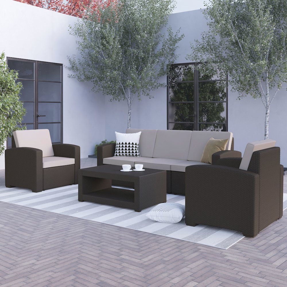 4 Piece Outdoor Faux Rattan Chair, Sofa and Table Set in Seneca Chocolate Brown