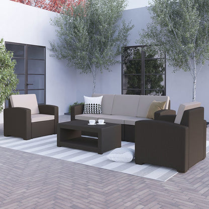 4 Piece Outdoor Faux Rattan Chair, Sofa and Table Set in Seneca Chocolate Brown