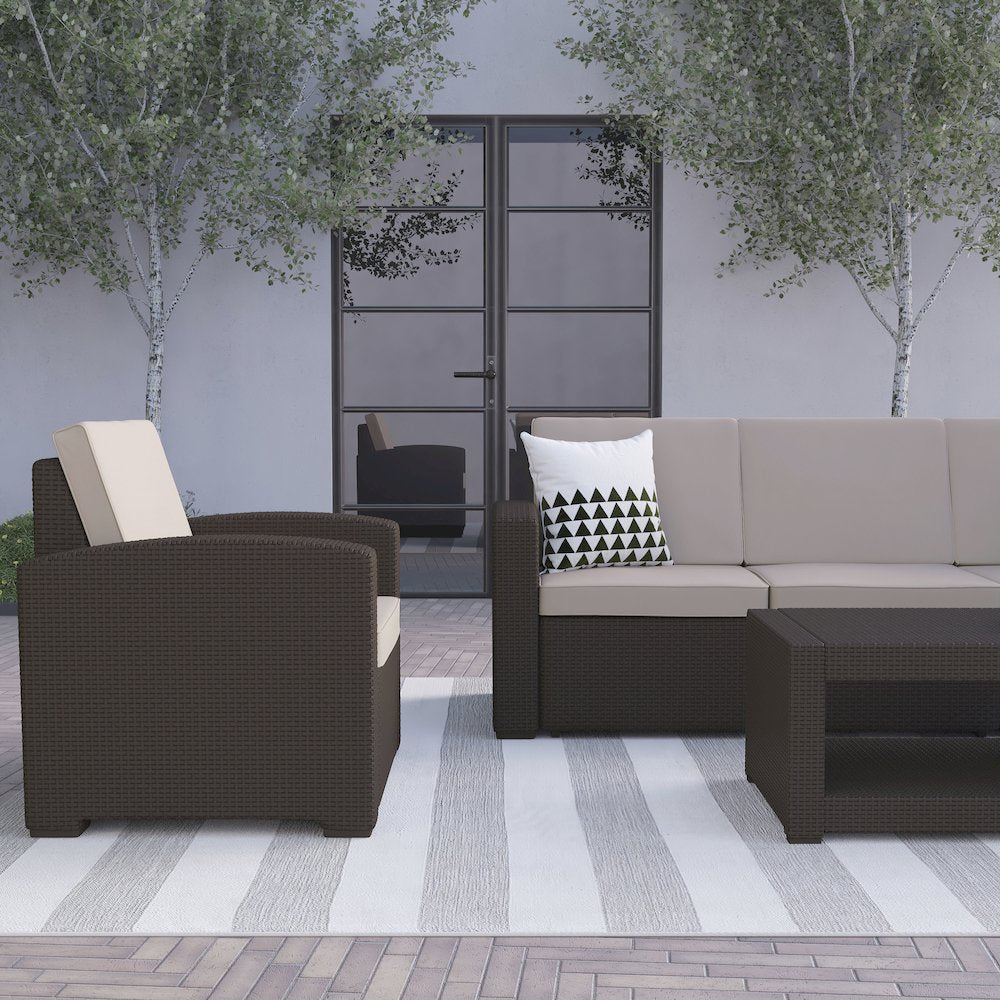4 Piece Outdoor Faux Rattan Chair, Sofa and Table Set in Seneca Chocolate Brown