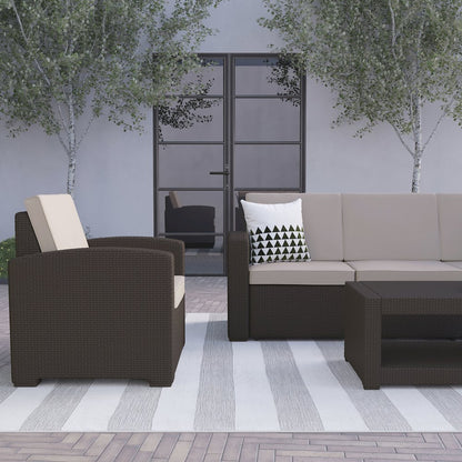 4 Piece Outdoor Faux Rattan Chair, Sofa and Table Set in Seneca Chocolate Brown