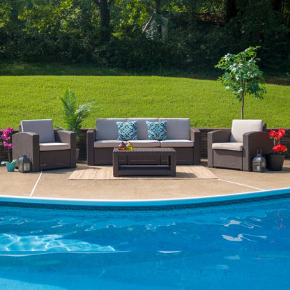 4 Piece Outdoor Faux Rattan Chair, Sofa and Table Set in Seneca Chocolate Brown