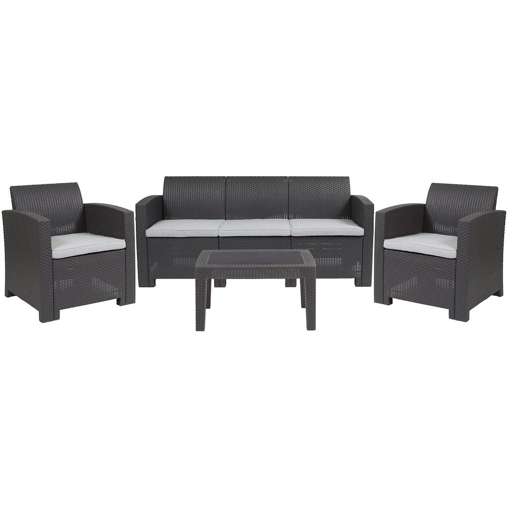 4 Piece Outdoor Faux Rattan Chair, Sofa and Table Set in Seneca Dark Gray