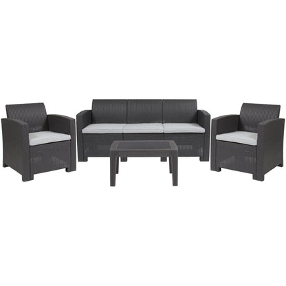 4 Piece Outdoor Faux Rattan Chair, Sofa and Table Set in Dark Gray