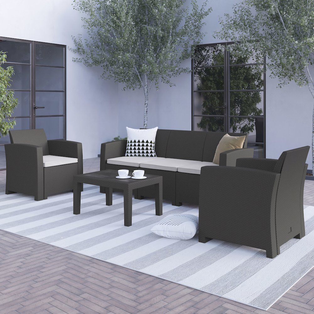 4 Piece Outdoor Faux Rattan Chair, Sofa and Table Set in Seneca Dark Gray