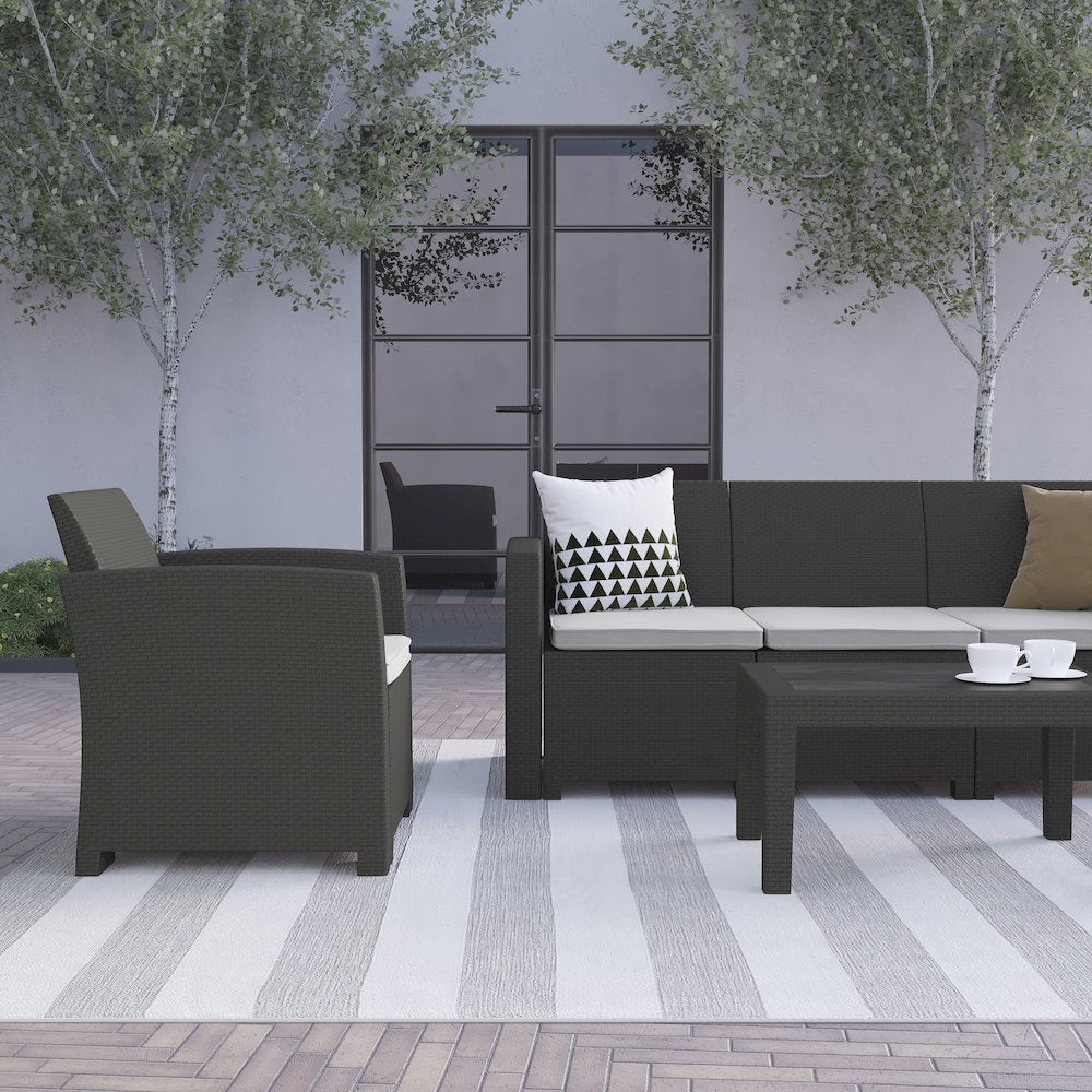 4 Piece Outdoor Faux Rattan Chair, Sofa and Table Set in Seneca Dark Gray
