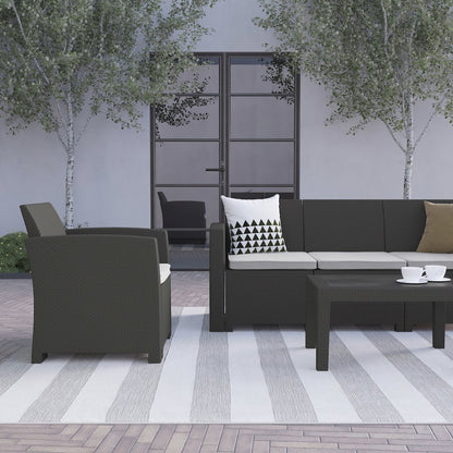 4 Piece Outdoor Faux Rattan Chair, Sofa and Table Set in Seneca Dark Gray