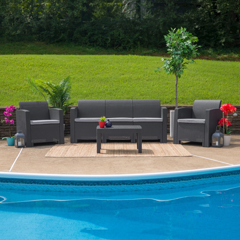 4 Piece Outdoor Faux Rattan Chair, Sofa and Table Set in Seneca Dark Gray