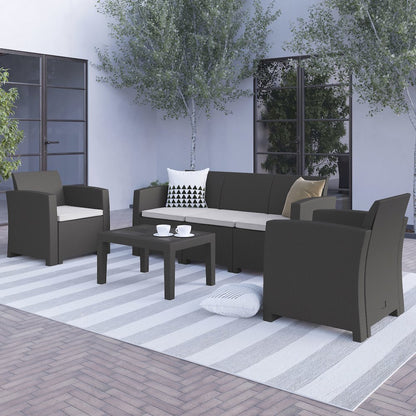 4 Piece Outdoor Faux Rattan Chair, Sofa and Table Set in Dark Gray