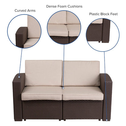 Chocolate Brown Faux Rattan Loveseat with All-Weather Beige Cushions