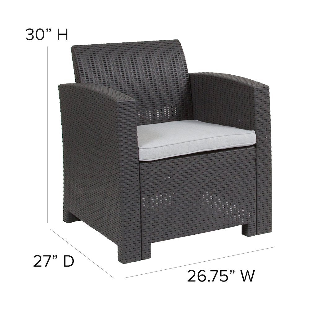 Dark Gray Faux Rattan Chair with All-Weather Seneca Light Gray Cushion