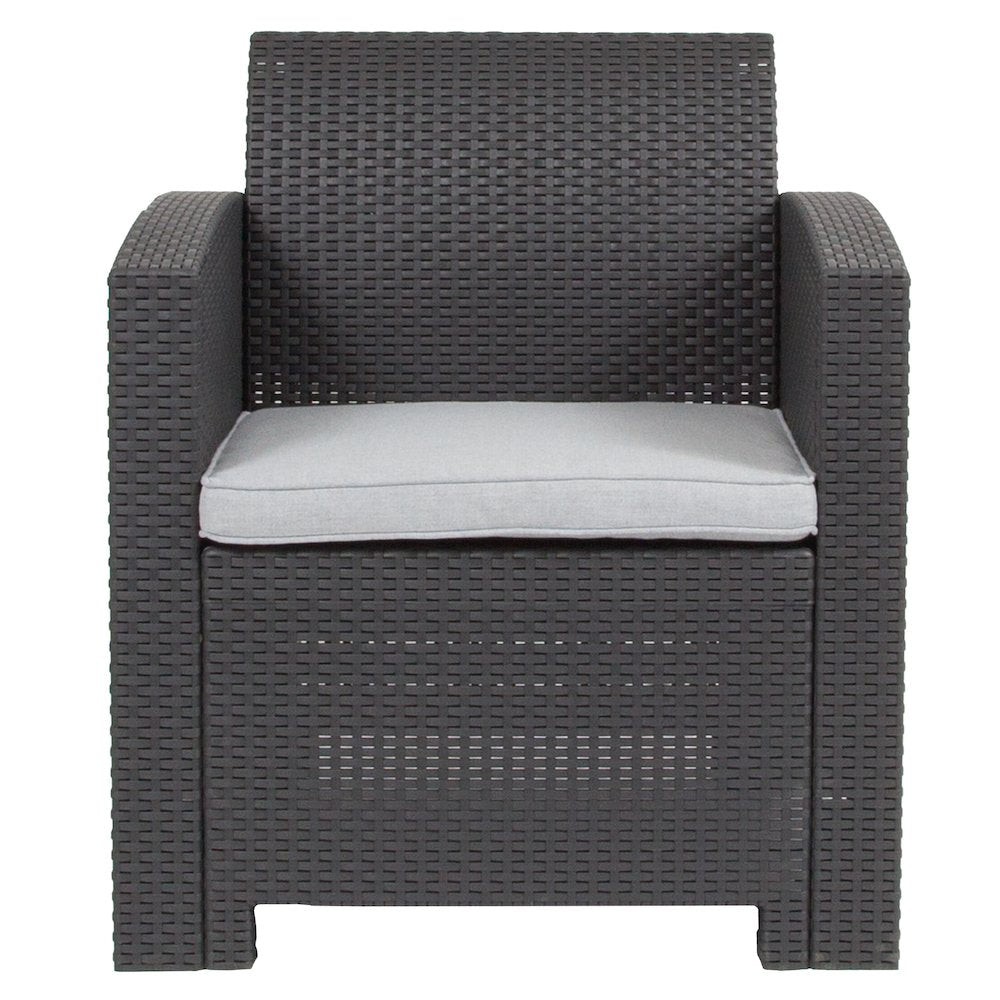 Dark Gray Faux Rattan Chair with All-Weather Seneca Light Gray Cushion