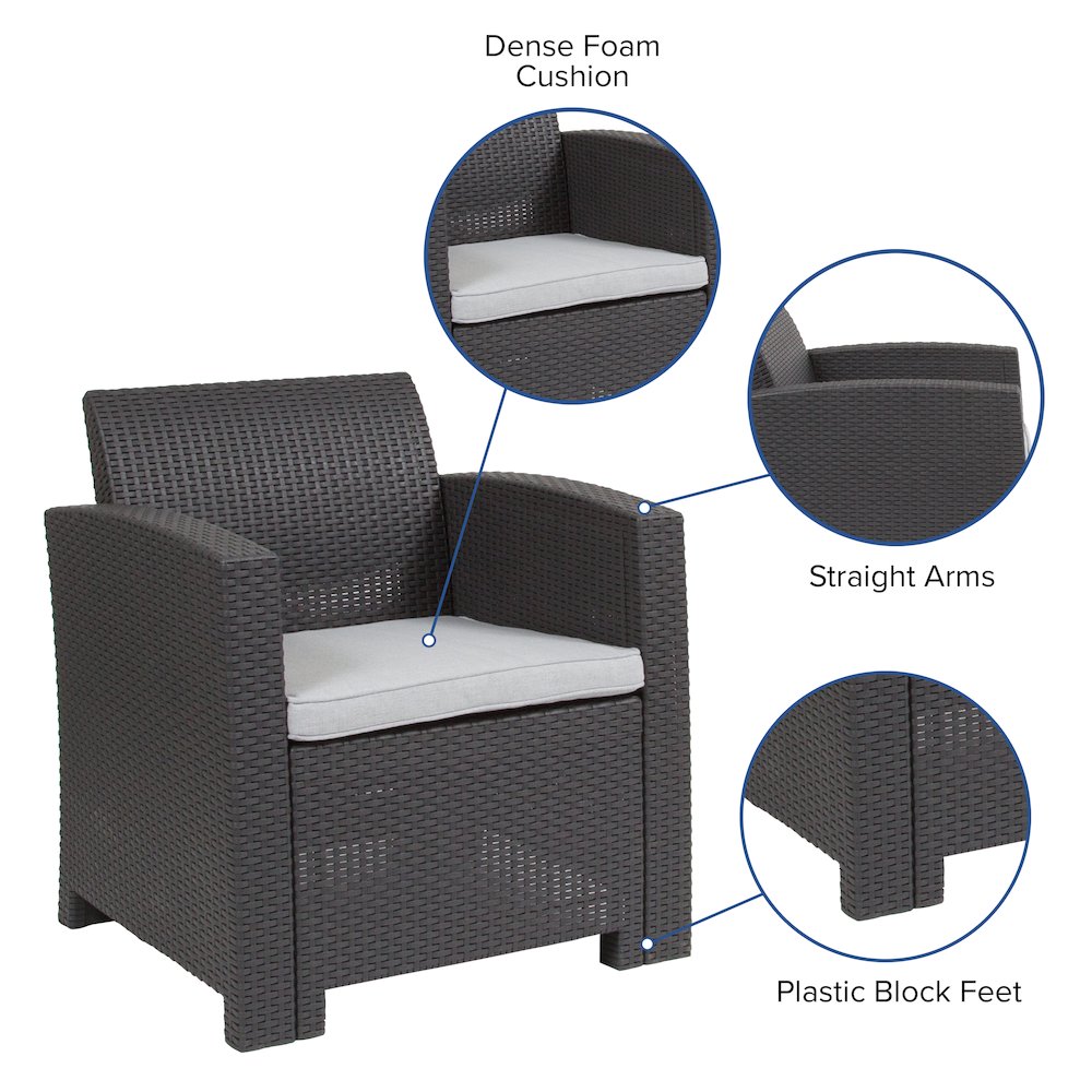 Dark Gray Faux Rattan Chair with All-Weather Seneca Light Gray Cushion