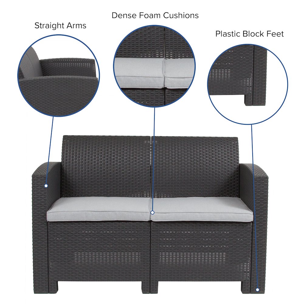Dark Gray Faux Rattan Loveseat with All-Weather Seneca Light Gray Cushions
