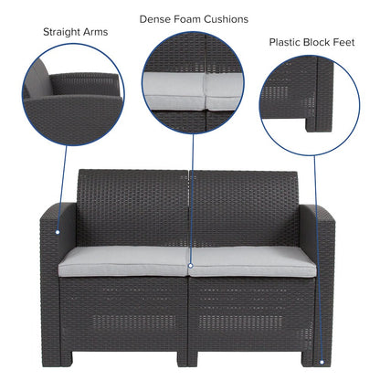 Dark Gray Faux Rattan Loveseat with All-Weather Seneca Light Gray Cushions