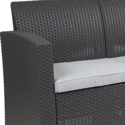 Dark Gray Faux Rattan Loveseat with All-Weather Seneca Light Gray Cushions