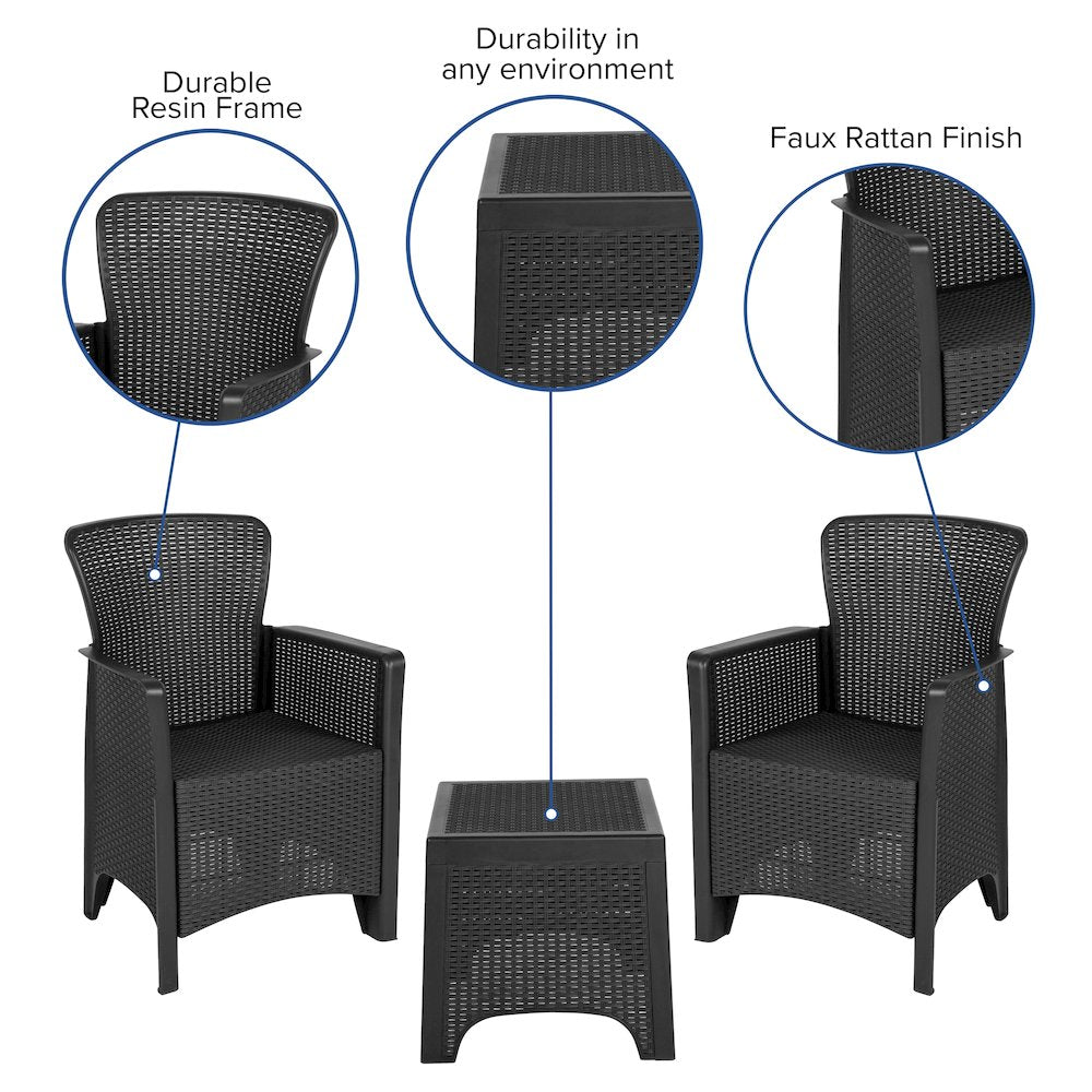 Dark Gray Faux Rattan Plastic Chair Set with Matching Side Table