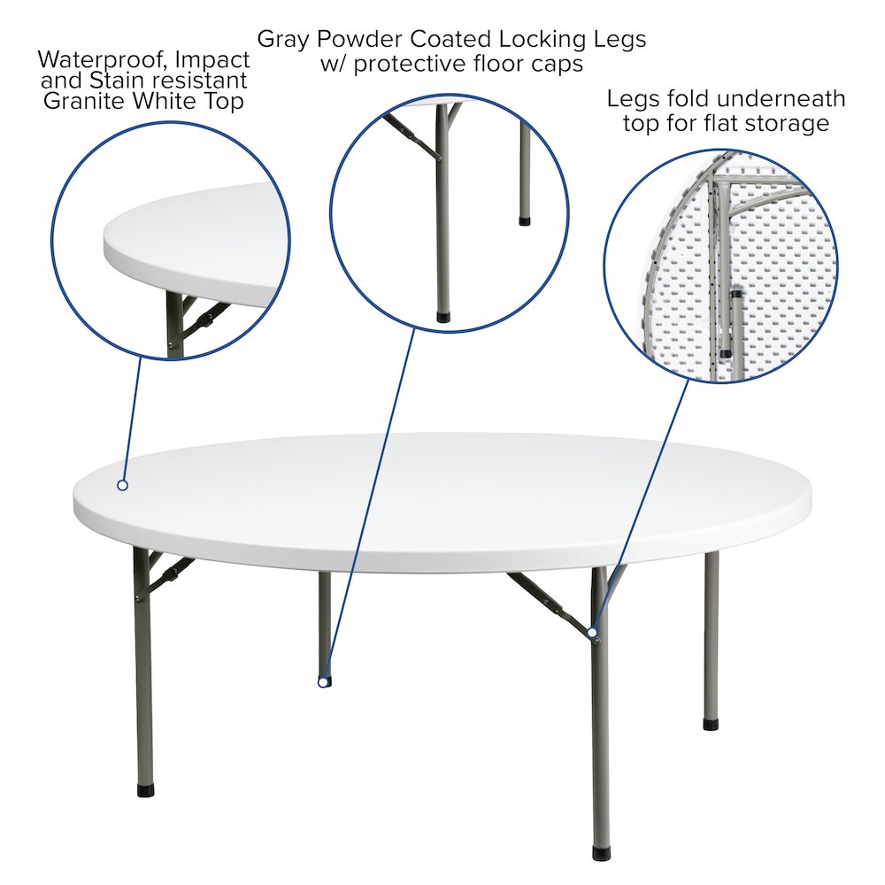 6-Foot Round Granite White Plastic Folding Table