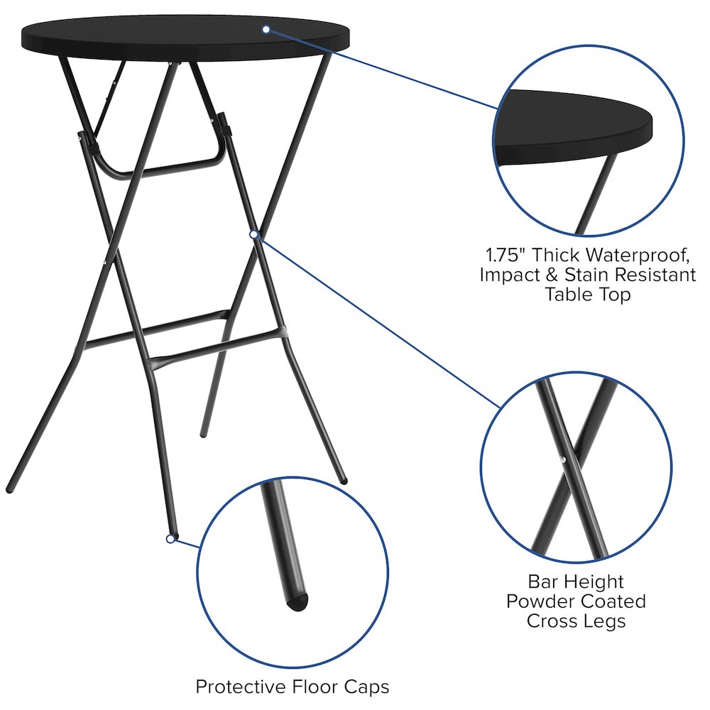 Elon Commercial Grade 2.6-Foot Round Black Plastic Bar Height Folding Table