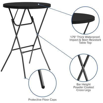 Elon Commercial Grade 2.6-Foot Round Black Plastic Bar Height Folding Table