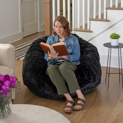 Duncan Oversized Black Furry Refillable Bean Bag Chair for All Ages