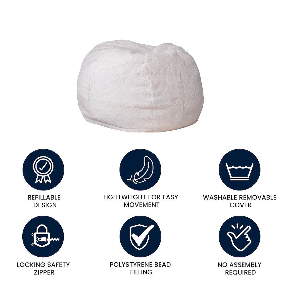 Small White Furry Refillable Bean Bag Chair for Kids and Teens