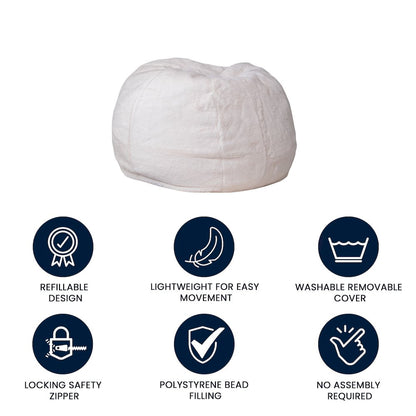 Small White Furry Refillable Bean Bag Chair for Kids and Teens