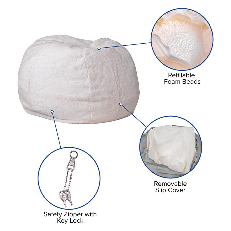 Small White Furry Refillable Bean Bag Chair for Kids and Teens
