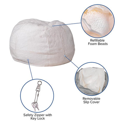 Small White Furry Refillable Bean Bag Chair for Kids and Teens