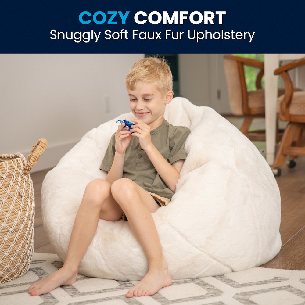 Small White Furry Refillable Bean Bag Chair for Kids and Teens
