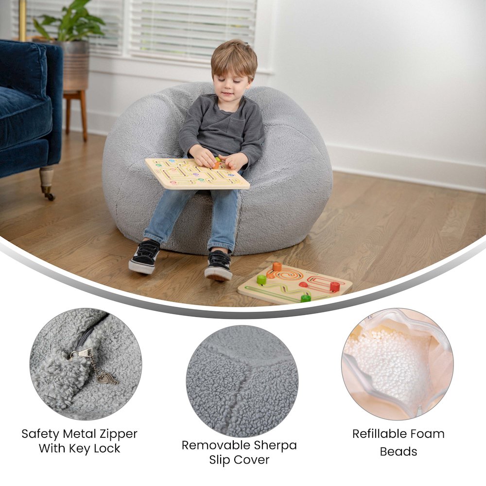 Dillon Small Gray Faux Sherpa Refillable Bean Bag Chair for Kids and Teens