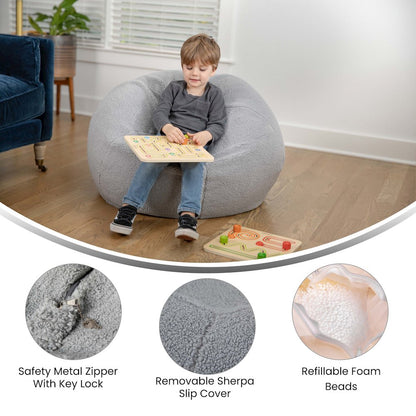 Dillon Small Gray Faux Sherpa Refillable Bean Bag Chair for Kids and Teens