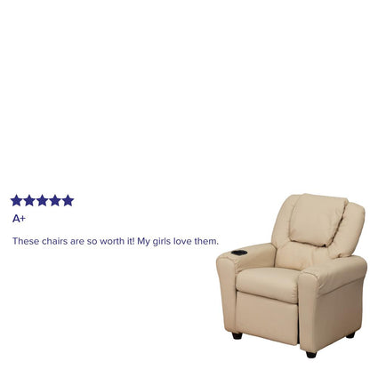 Contemporary Beige Vinyl Kids Recliner with Cup Holder and Headrest