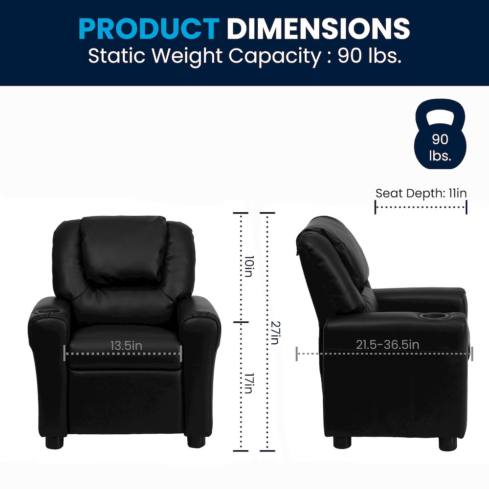 Contemporary Black LeatherSoft Kids Recliner with Cup Holder and Headrest