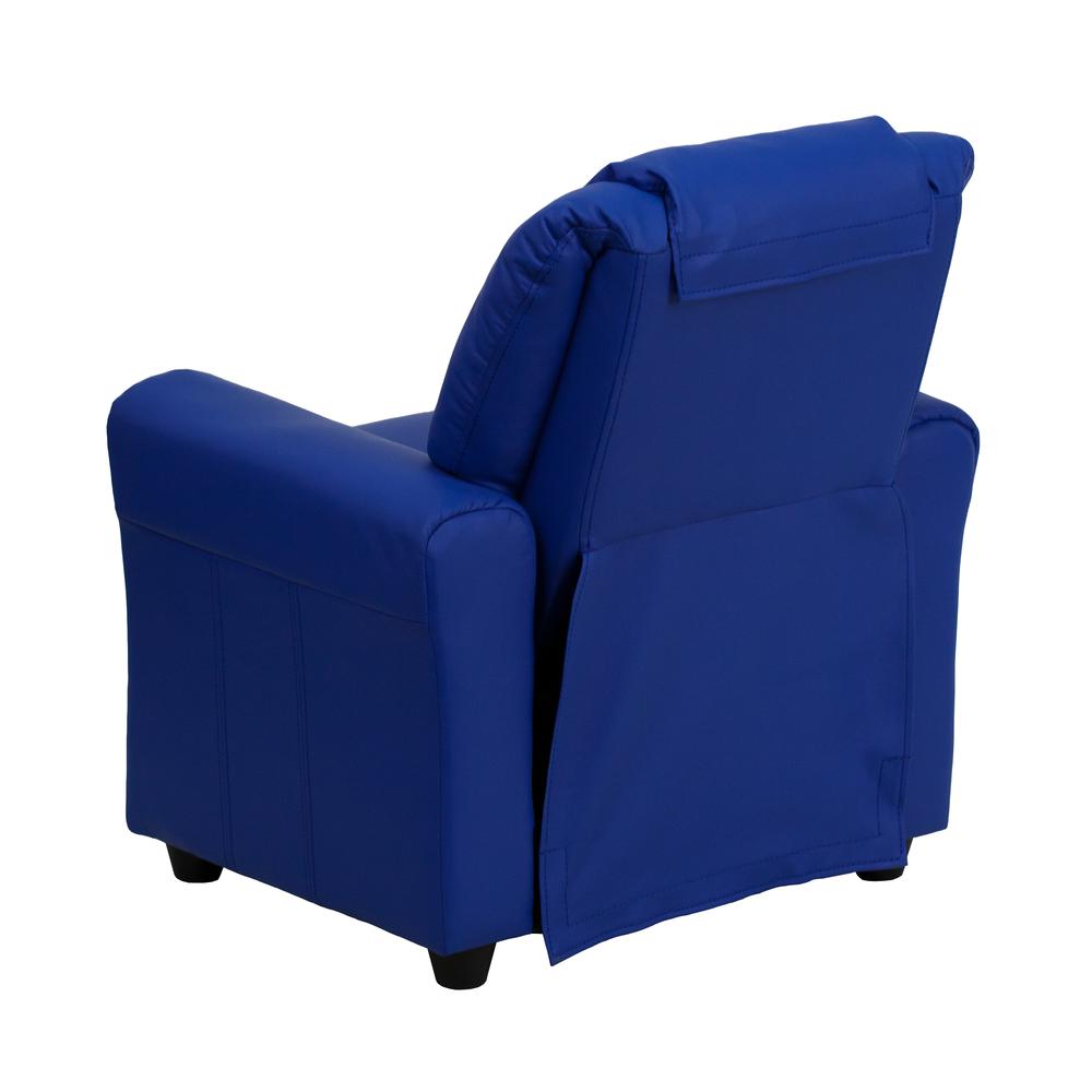 Contemporary Blue Vinyl Kids Recliner with Cup Holder and Headrest