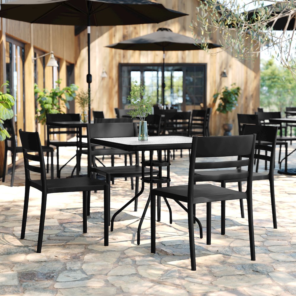 Bridgeport Stacking Patio Chair with Slatted Backrest in Black