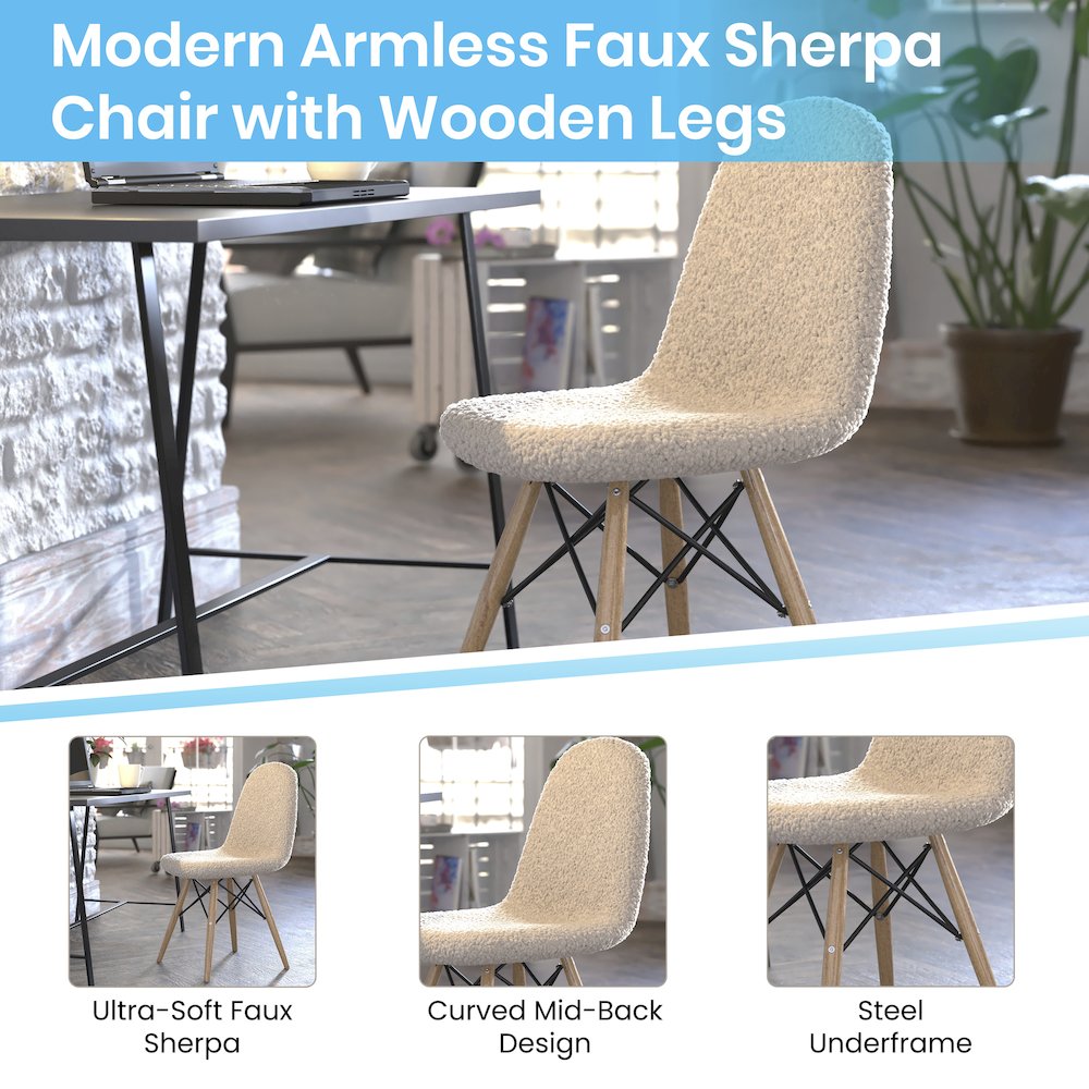 Padded Armless Faux Shearling Accent Chair with Beechwood Legs in Off-White