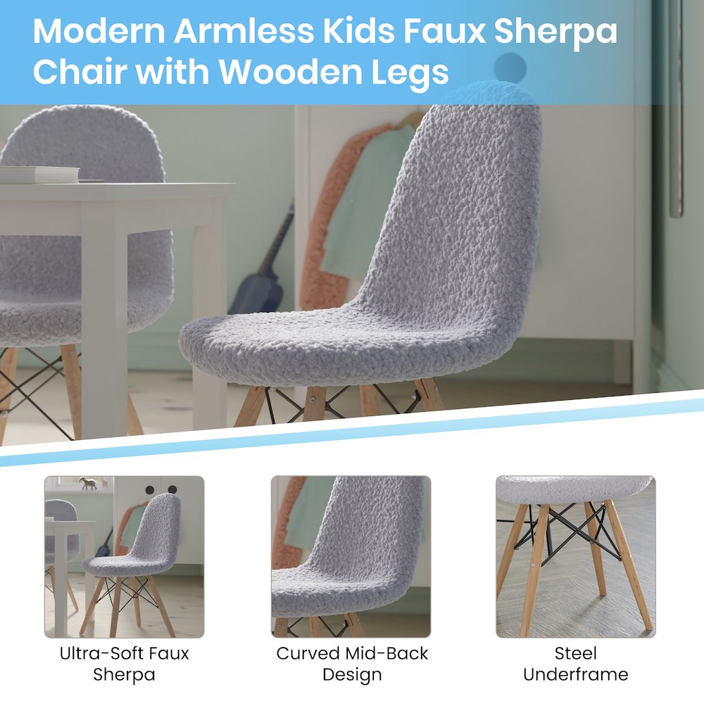 Kid's Padded Armless Faux Shearling Accent Chair with Beechwood Legs in Gray