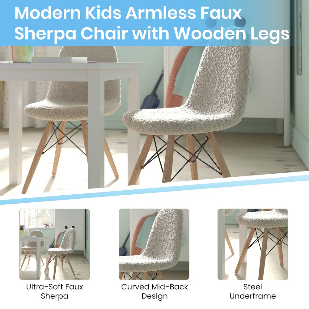 Kid's Padded Armless Faux Shearling Accent Chair in Off-White