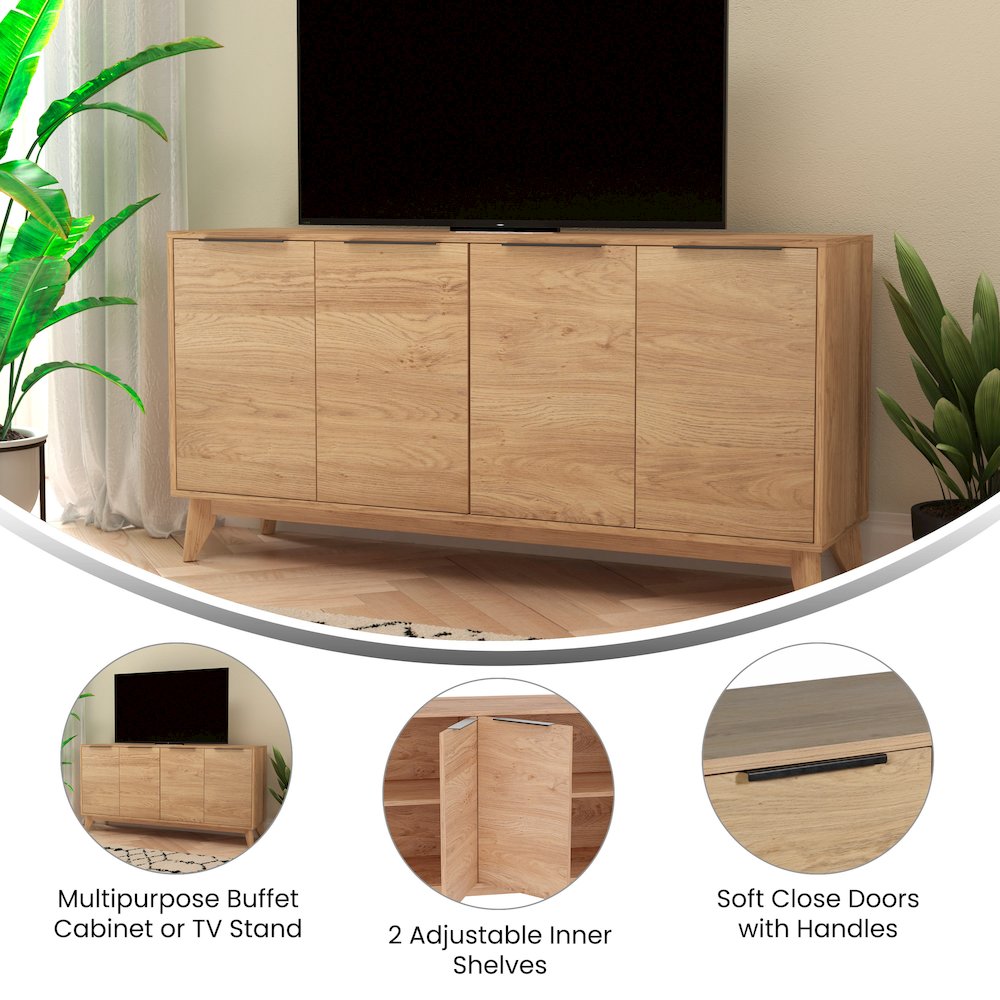 Modern Buffet Sideboard/TV Stand with 4 Soft Close Doors, Light Natural