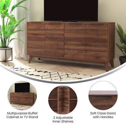 60 in 4 Door Storage Buffet Sideboard, TV Stand for up to 64" TV's, Dark Walnut
