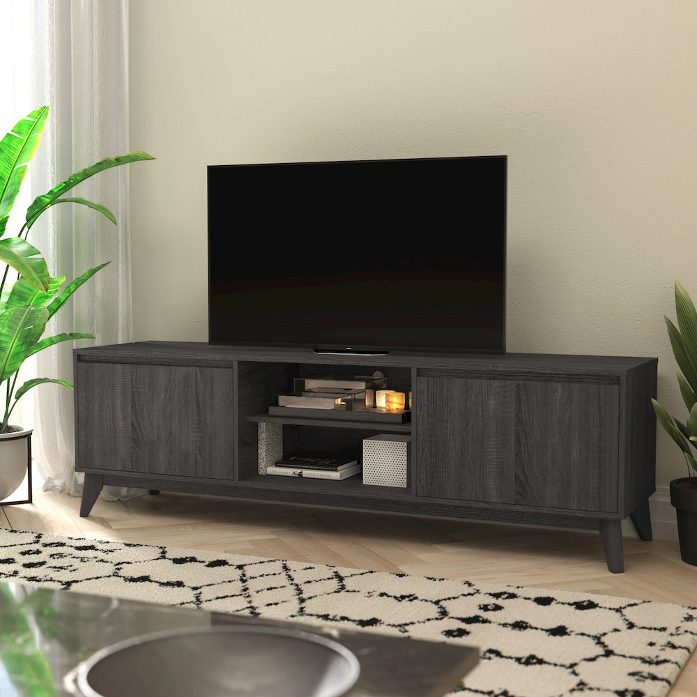 Mid-Century modern 70 Inch media console holds TV's 65+ inches, Black Wash