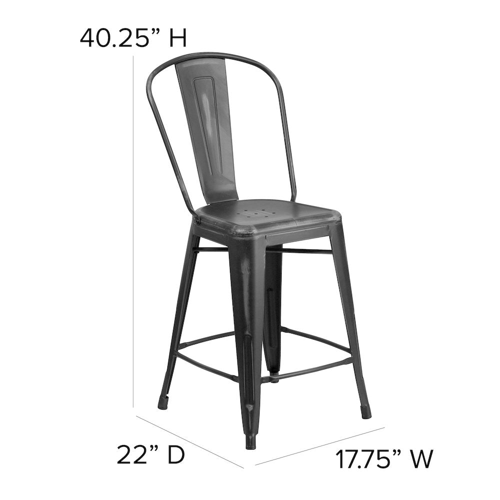 24" High Black Metal Indoor-Counter Height Stool with Black Poly Resin Wood Seat