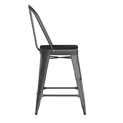 24" High Black Metal Indoor-Counter Height Stool with Black Poly Resin Wood Seat