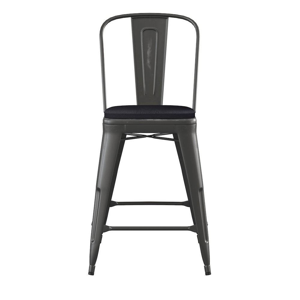 24" High Black Metal Indoor-Counter Height Stool with Black Poly Resin Wood Seat