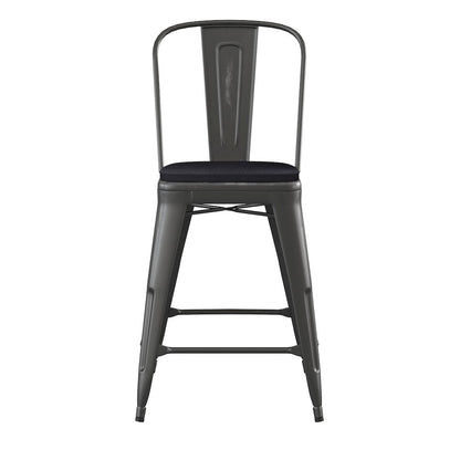 24" High Black Metal Indoor-Counter Height Stool with Black Poly Resin Wood Seat